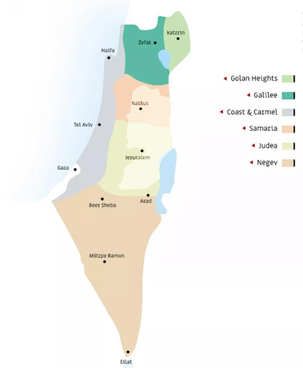 Kaart van de israëlische wijngebieden Israëlische wijngebieden